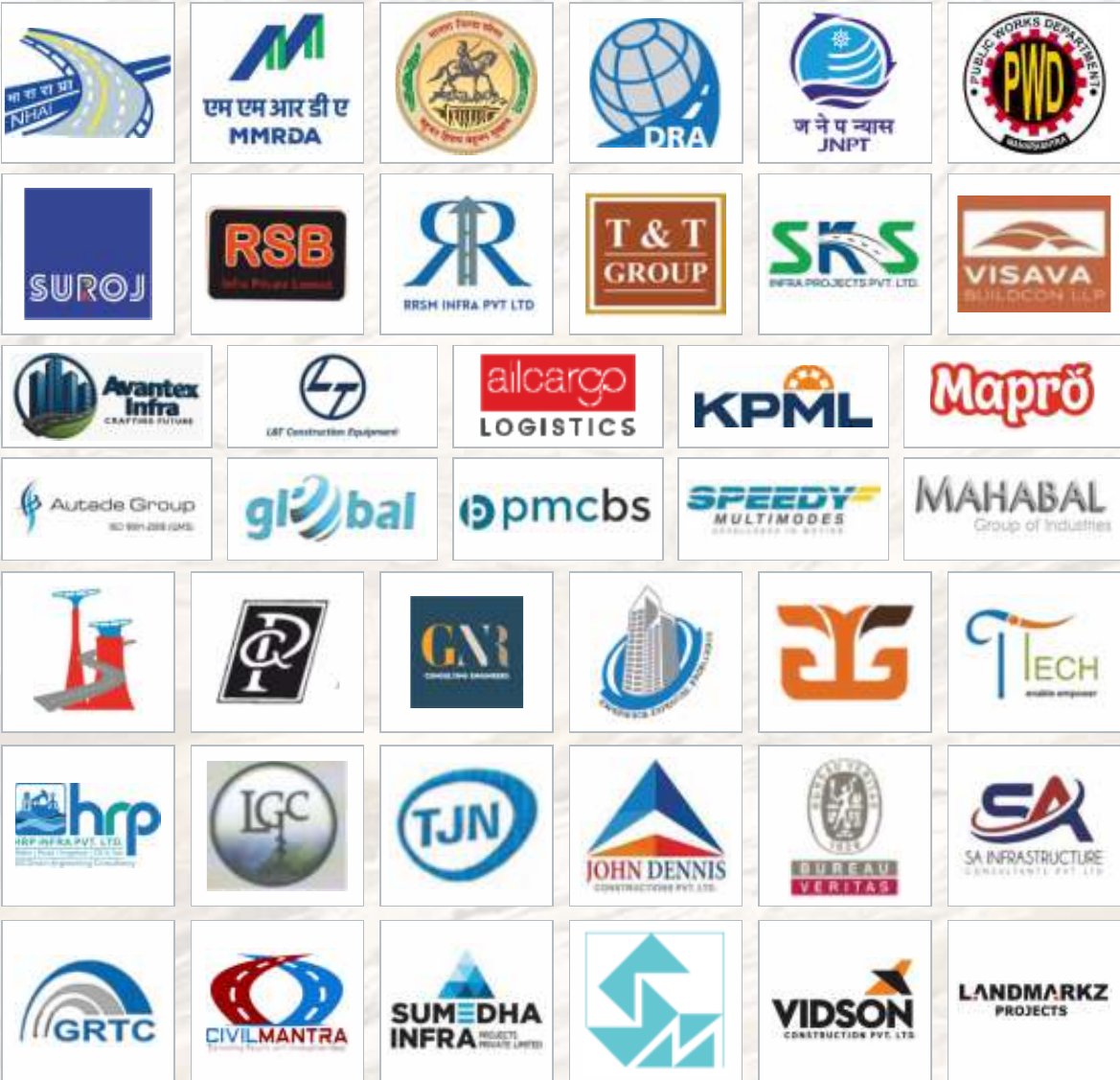 Client logos – NHAI, MMRDA, PWD, L&T, KPML, Mapro and more