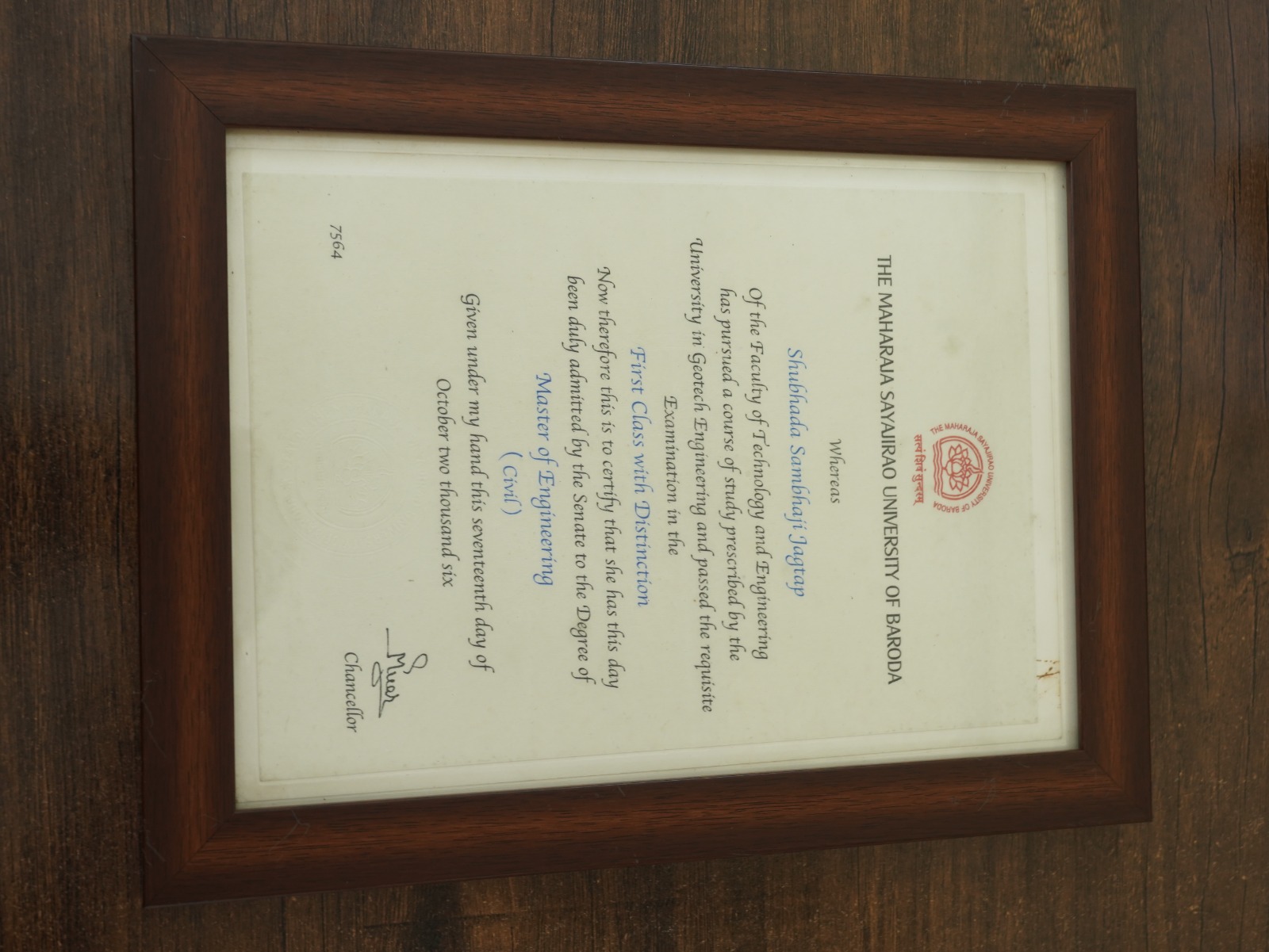 Framed certificate and professional recognition